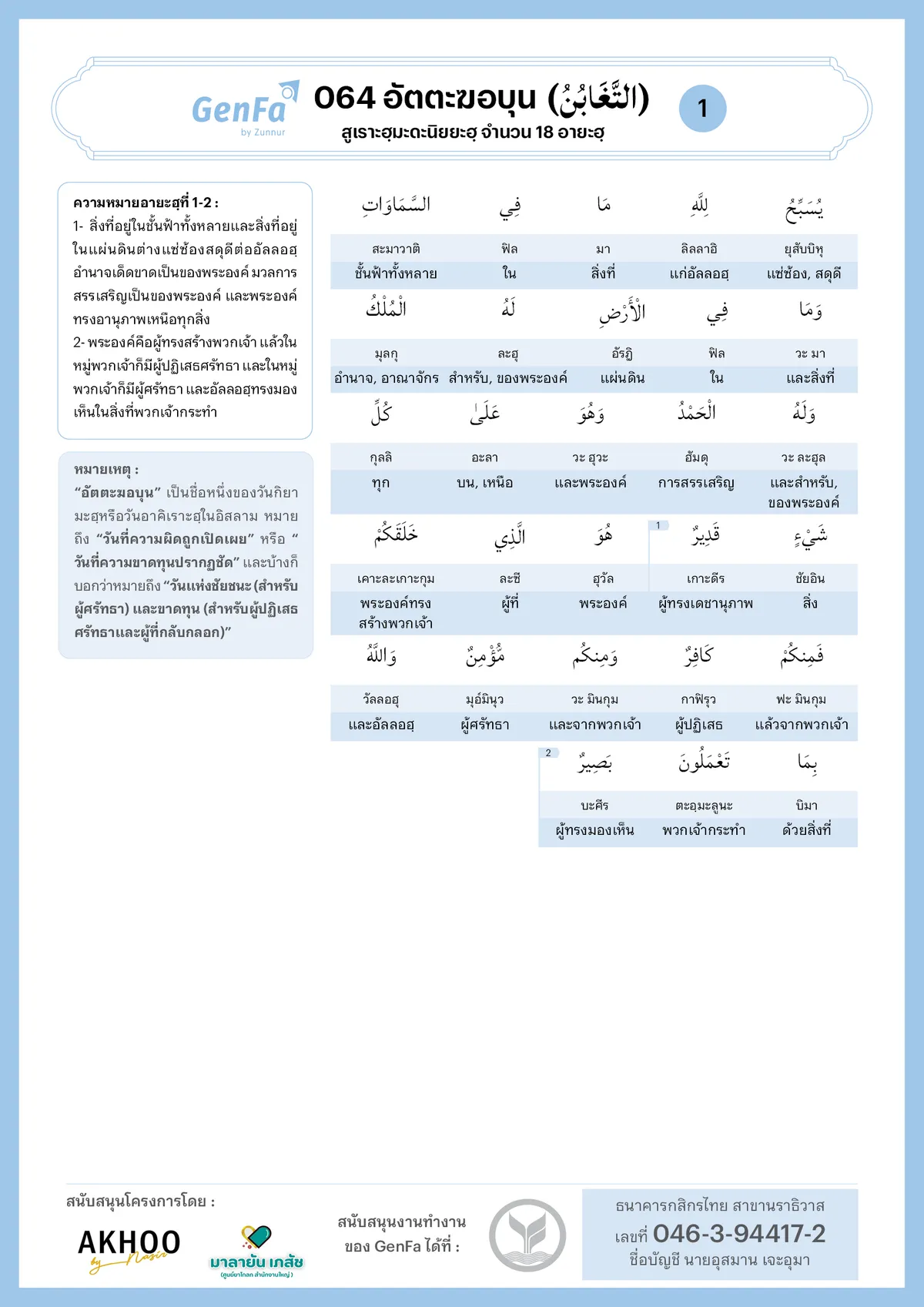 อัลกุรอานคำต่อคำ : สูเราะฮฺที่ 064 อัตตะฆอบุน