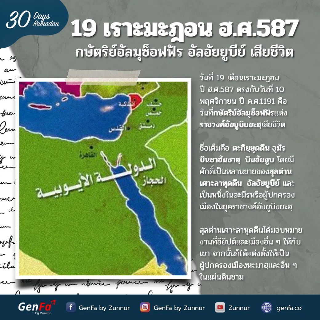 19 เราะมะฎอน ฮ.ศ.587 : กษัตริย์อัลมุซ็อฟฟัร อัลอัยยูบีย์ เสียชีวิต